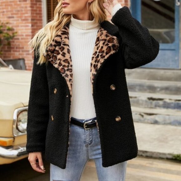 Jackets & Blazers - black chic leopard /animal print fuzzy cozy long